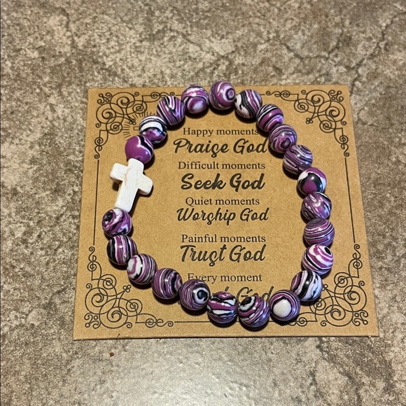 Accessories - Purple and White Beaded Bracelet with Cross Charm